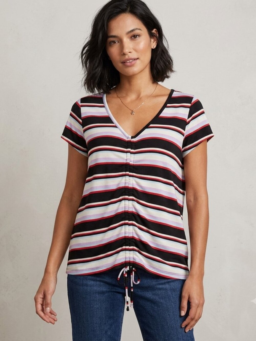Eye Candy Striped V Neck Ruched Front Short Sleeve Top Size 2X